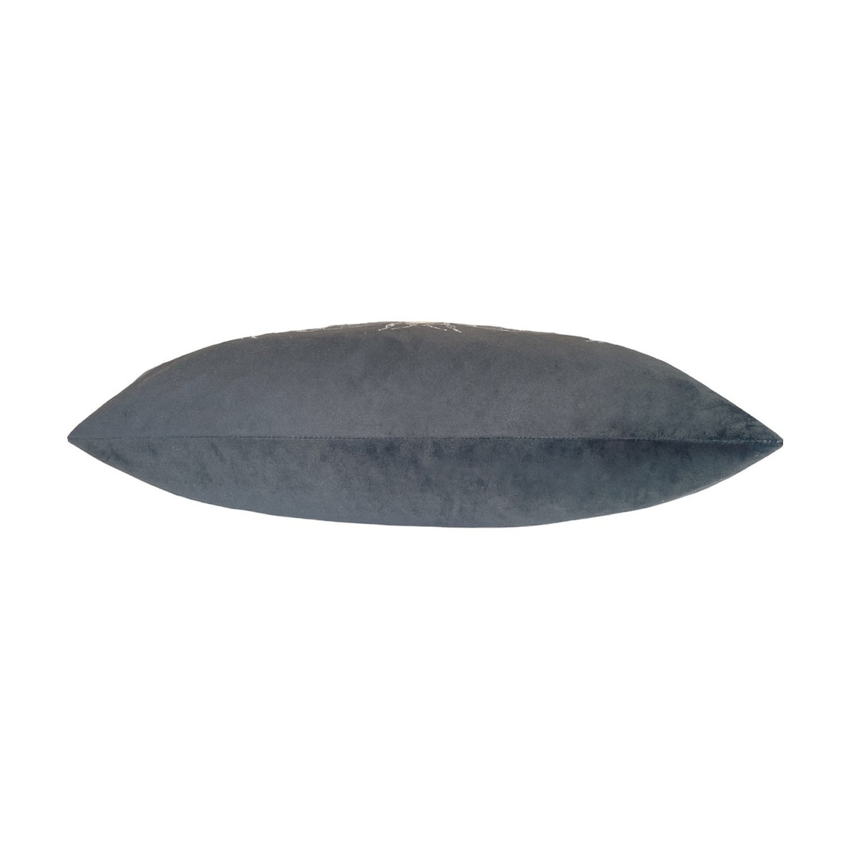 Side view of the Gold Bee Animal Velvet Cushion in grey, showing its plump velvet-effect polyester fill and tapered edge on a plain white background.