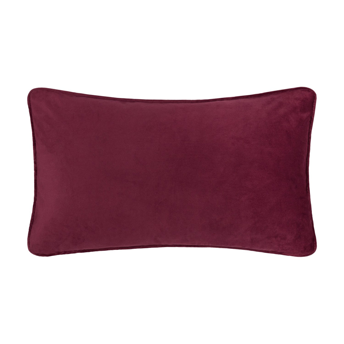 Rectangular velvet cushion in deep burgundy shown reverse-side, plain and unadorned, on a white background.