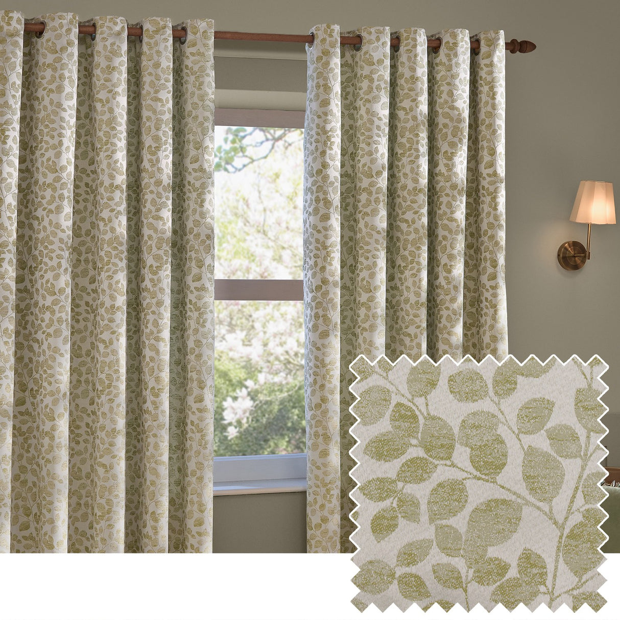 Grace Leaf Jacquard Fully Lined Eyelet Curtains - Sage