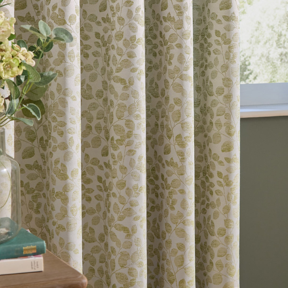 Grace Leaf Jacquard Fully Lined Eyelet Curtains - Sage