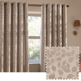 Grace Leaf Jacquard fully lined eyelet curtains in taupe, shown in a bedroom setting with a woven leaf pattern, grommet top, and a fabric swatch inset.