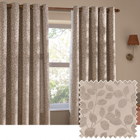 Grace Leaf Jacquard fully lined eyelet curtains in taupe, shown in a bedroom setting with a woven leaf pattern, grommet top, and a fabric swatch inset.