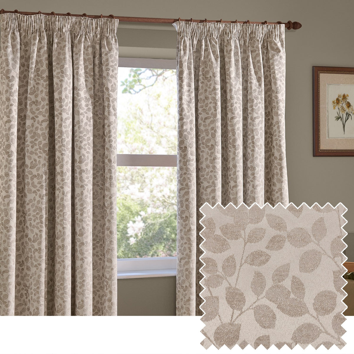 Grace Leaf Jacquard Polyester Pencil Pleat Curtains in natural beige, showing a woven trailing leaf pattern, hung on a wooden pole beside a window in a living room.