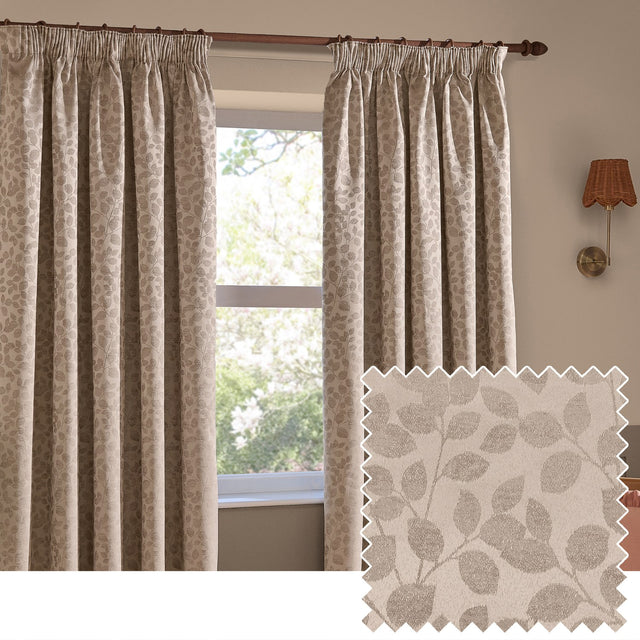 Grace Leaf Jacquard pencil pleat curtains in taupe, hung on a wooden pole beside a window, with a woven leaf pattern shown on a matching fabric swatch.