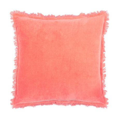 Gracie Velvet Cotton Cushion in coral, a square 45 x 45cm design with a short-pile velvet face and fringed edge trim, shown on a plain white background.