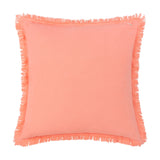 Gracie Velvet Cotton Cushion in coral, square 45 x 45cm with a soft short-pile velvet face and fringed trim around all four edges, shown against a plain white background.