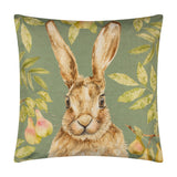 Square olive-green polyester cushion featuring a close-up watercolour hare face surrounded by leaves and pears, shown on a plain white background.