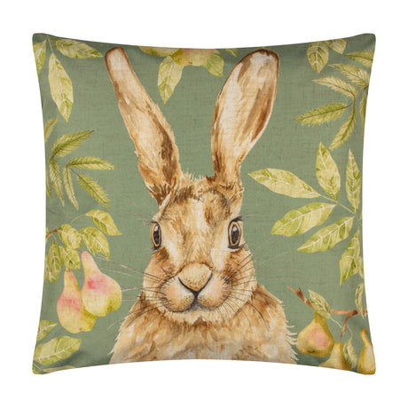 Square olive-green polyester cushion featuring a close-up watercolour hare face surrounded by leaves and pears, shown on a plain white background.