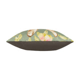 Side view of the Grove Animal Polyester Cushion in Olive, showing a green watercolour-style front with hare, pears and leaf print against a plain brown back panel, on a white background.