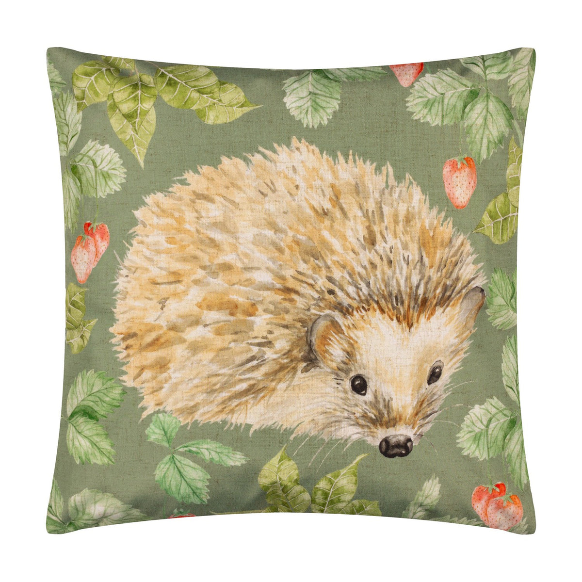 Square olive green polyester cushion featuring a hand-painted hedgehog design surrounded by strawberries and leaves, shown on a plain white background.