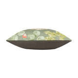 Side view of the Grove Animal Polyester Cushion in olive, showing the plain dark brown reverse and printed edge with green leaves and a strawberry motif, on a white background.