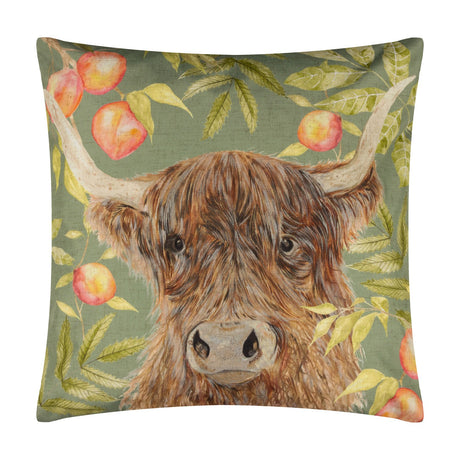 Grove Animal Polyester Cushion in olive, square scatter cushion with a hand-painted Highland cow amid orchard fruit and leaves on a plain background.