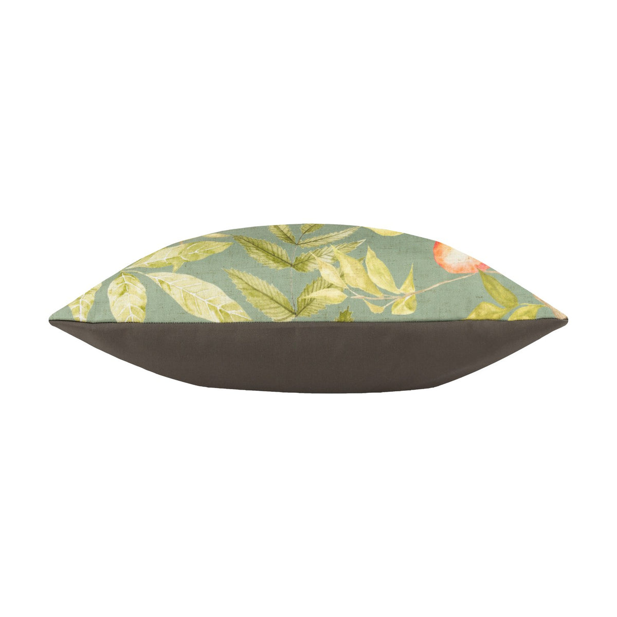 Side view of the Grove Animal Polyester Cushion in olive, showing a leafy botanical print with a coral bird accent on top and a solid brown reverse, on a plain white background.