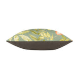 Side view of the Grove Animal Polyester Cushion in olive, showing a leafy botanical print with a coral bird accent on top and a solid brown reverse, on a plain white background.