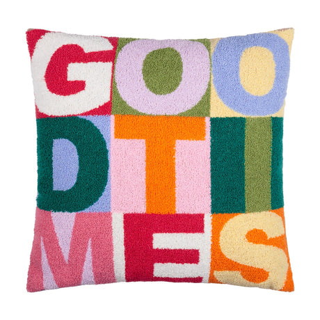 Square tufted polyester cushion spelling "GOOD TIMES" in bold block letters across a multicoloured patchwork of pink, green, orange, blue and yellow panels, shown on a white background.