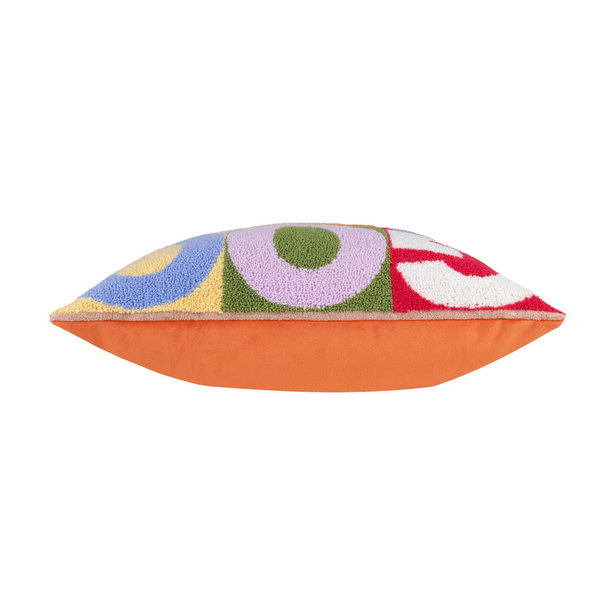 Side view of the Good Times tufted polyester cushion, showing an orange fabric back and boucle-textured front in blue, yellow, lilac, green, red and white blocks, on a white background.