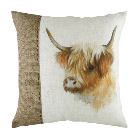 Square Hessian Animal Linen Cushion in white, featuring a watercolour Highland cow print in brown tones beside a hessian-effect brown panel, shown on a plain white background.