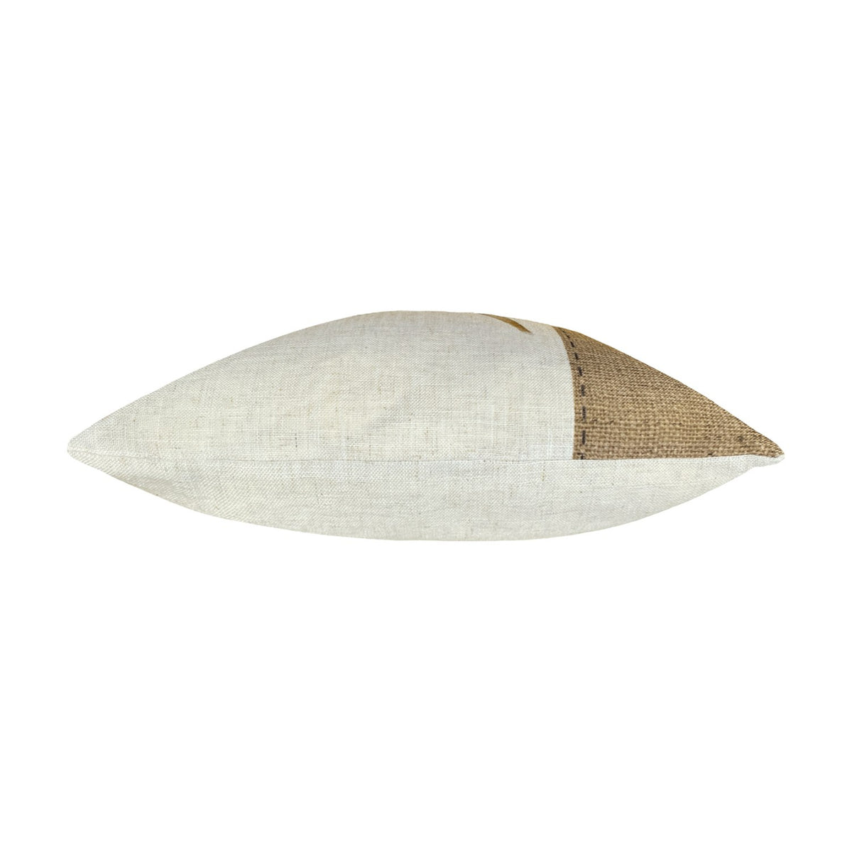 Side view of the Hessian Animal Linen Cushion in white, showing its slim boxed profile with a cream linen front and brown hessian-effect side panel, set against a plain white background.
