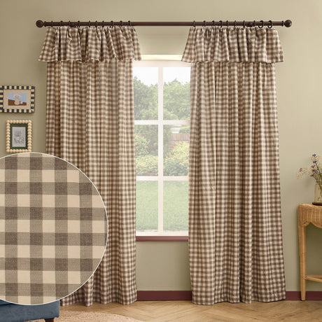Harriet Gingham Cotton Pencil Pleat Curtains in buttermilk/chocolate check with ruffled header, hung on a dark rod in a living room window setting, alongside a fabric swatch inset.