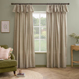 Harriet Gingham Check Cotton Pencil Pleat Curtains in pink/green, shown with ruffled flop-top header on a wooden pole in a living room setting.