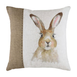 Square linen cushion with a hand-painted watercolour hare on a white ground, paired with a brown hessian-effect woven side panel.
