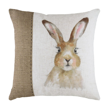Square linen cushion with a hand-painted watercolour hare on a white ground, paired with a brown hessian-effect woven side panel.