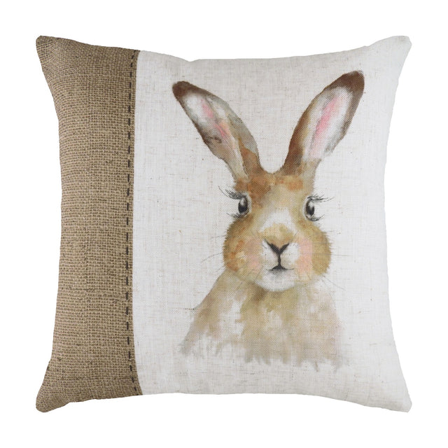Square linen cushion with a hand-painted watercolour hare on a white ground, paired with a brown hessian-effect woven side panel.