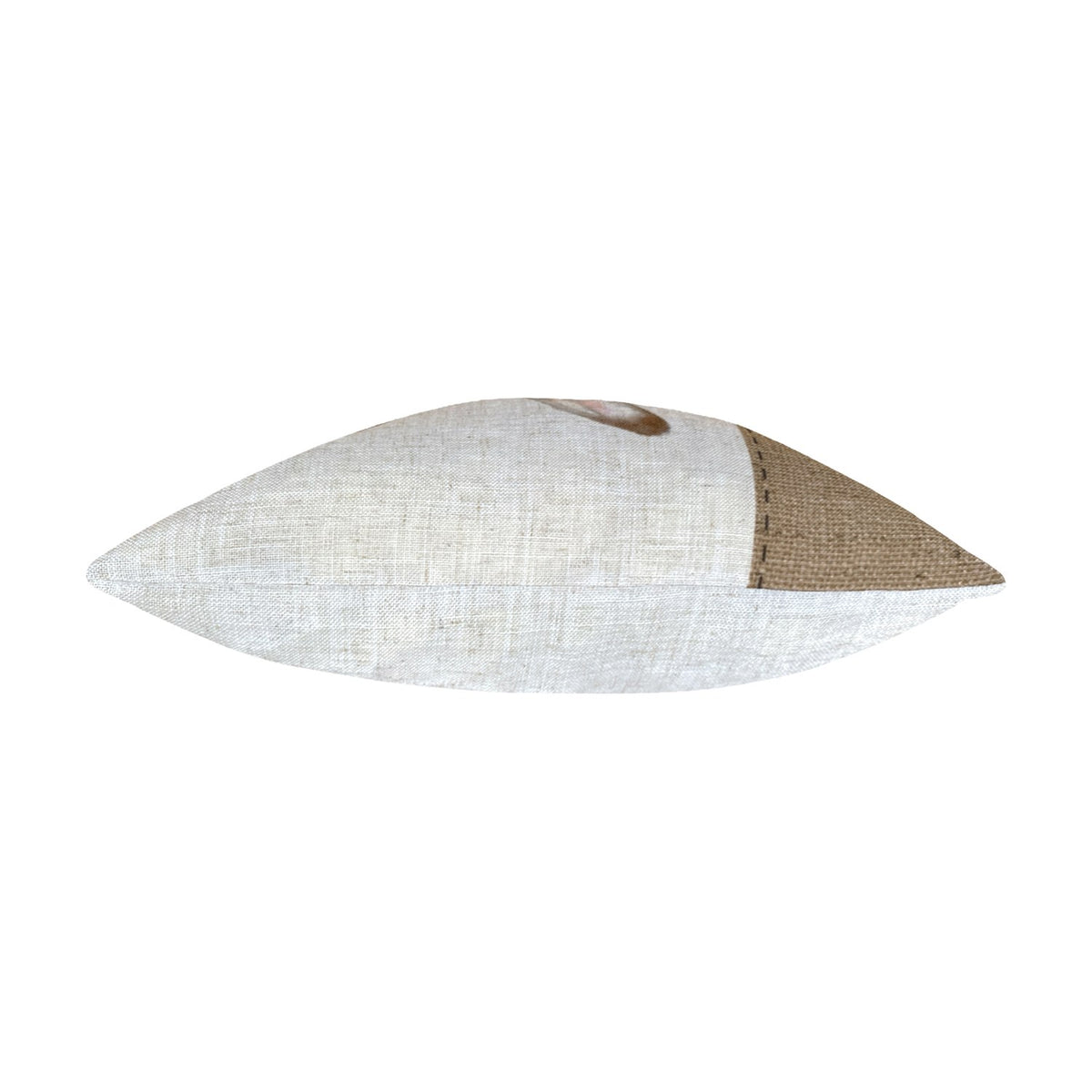 Side view of the Hessian Animal Linen Cushion in white, showing its tapered edge, pale linen body, and brown hessian-effect panel against a plain background.