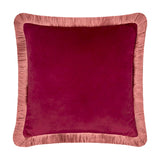 Halo Fringed Velvet Plain Polyester Cushion in burgundy velvet with a soft rose-pink fringe trim, square shape, shown on a plain white background.