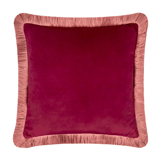 Halo Fringed Velvet Plain Polyester Cushion in burgundy velvet with a soft rose-pink fringe trim, square shape, shown on a plain white background.