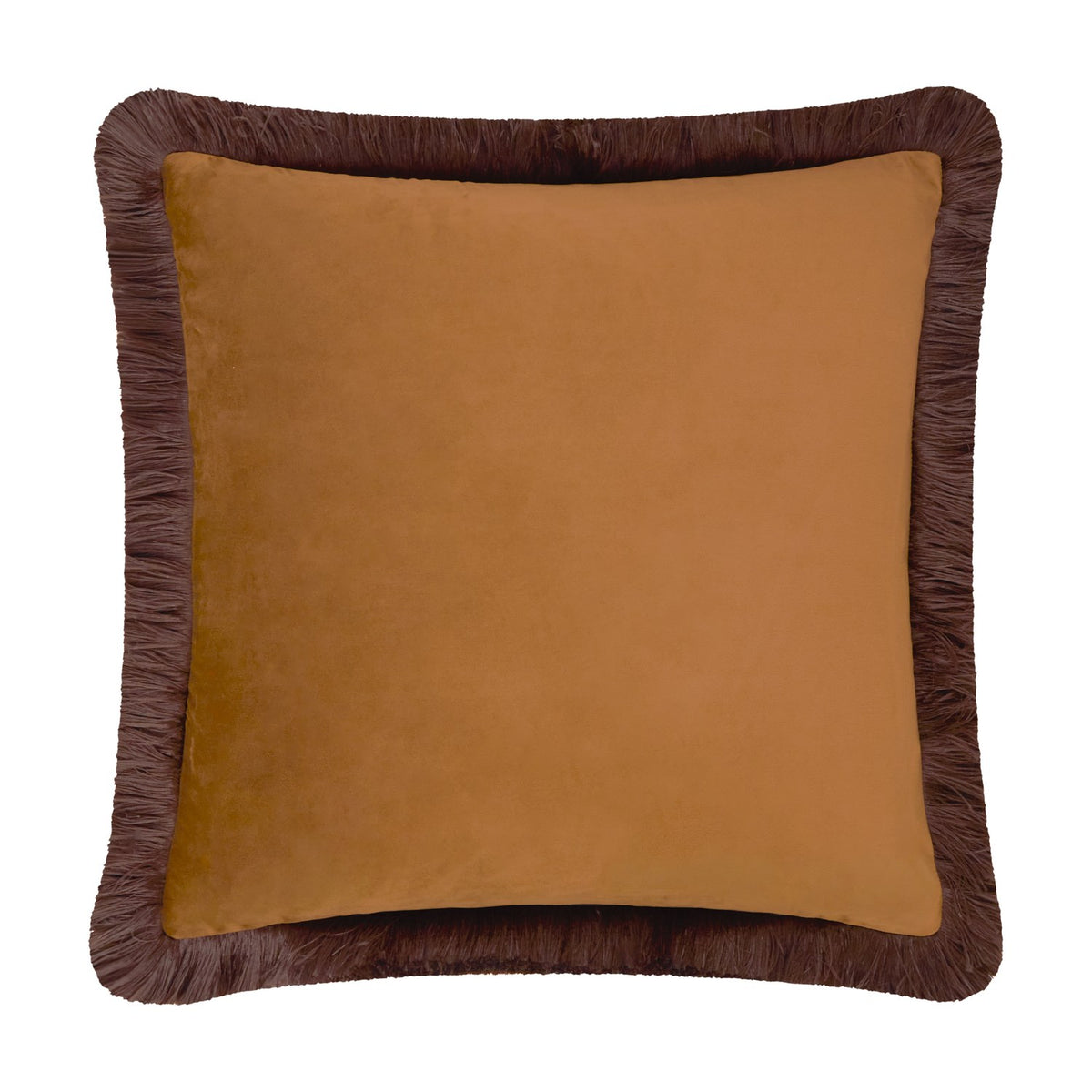 Halo Fringed Velvet Plain Polyester Cushion in caramel with a chocolate-brown fringed edge, square 50 x 50cm design shown on a plain white background.