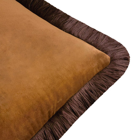 Halo Fringed Velvet Plain Polyester Cushion - Caramel/Chocolate