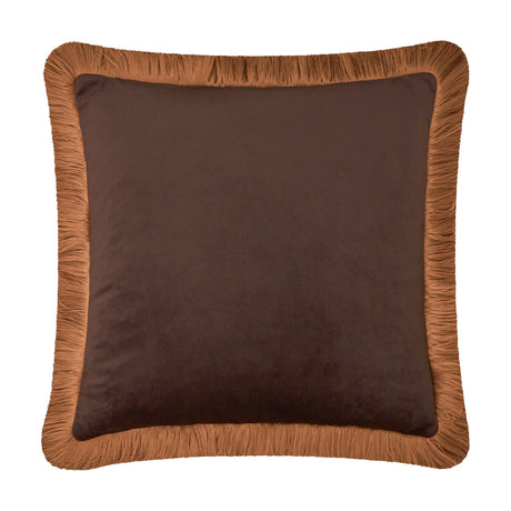 Halo Fringed Velvet Plain Polyester Cushion in chocolate brown with a caramel fringed trim border, square velvet scatter cushion on a plain white background.
