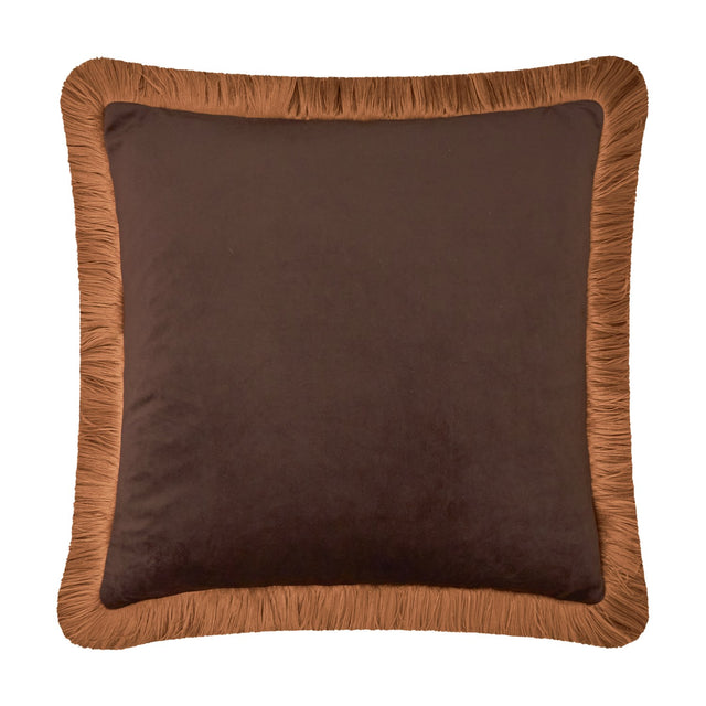 Halo Fringed Velvet Plain Polyester Cushion in chocolate brown with a caramel fringed trim border, square velvet scatter cushion on a plain white background.