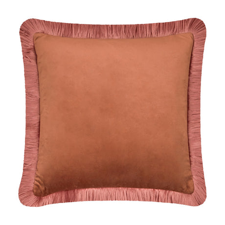 Halo Fringed Velvet Plain Polyester Cushion in chestnut with a dusky pink fringed trim around all four edges, shown square on a plain white background.