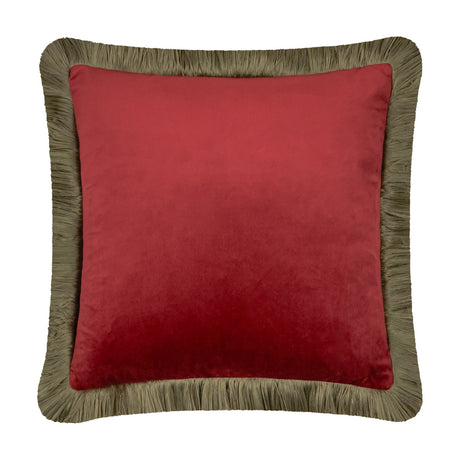 Halo Fringed Velvet Cushion in dark red velvet with a fir green fringed trim around the edges, square shape, shown on a plain white background.