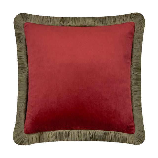 Halo Fringed Velvet Cushion in dark red velvet with a fir green fringed trim around the edges, square shape, shown on a plain white background.