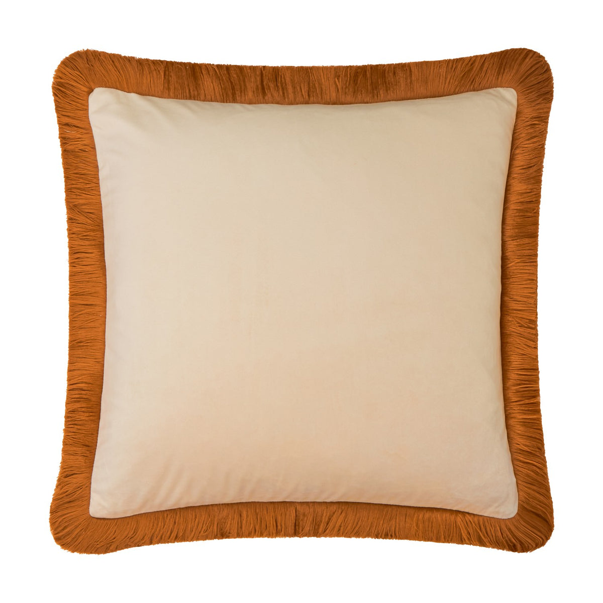 Halo Fringed Velvet Plain Polyester Cushion in Ecru/Ginger, a square velvet cushion with plain cream face and dense ginger-orange fringed trim, shown on a white background.