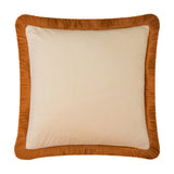 Halo Fringed Velvet Plain Polyester Cushion in Ecru/Ginger, a square velvet cushion with plain cream face and dense ginger-orange fringed trim, shown on a white background.