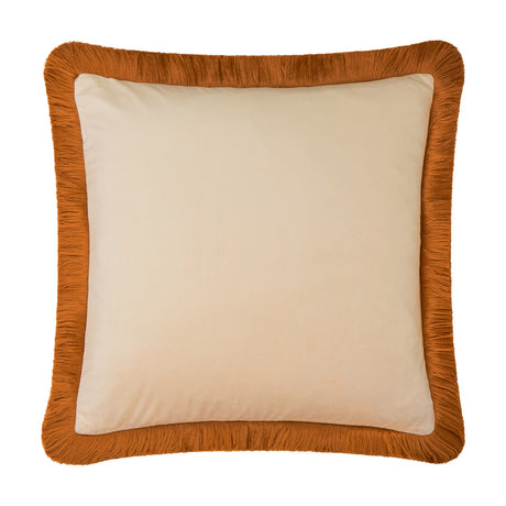Halo Fringed Velvet Plain Polyester Cushion in Ecru/Ginger, a square velvet cushion with plain cream face and dense ginger-orange fringed trim, shown on a white background.