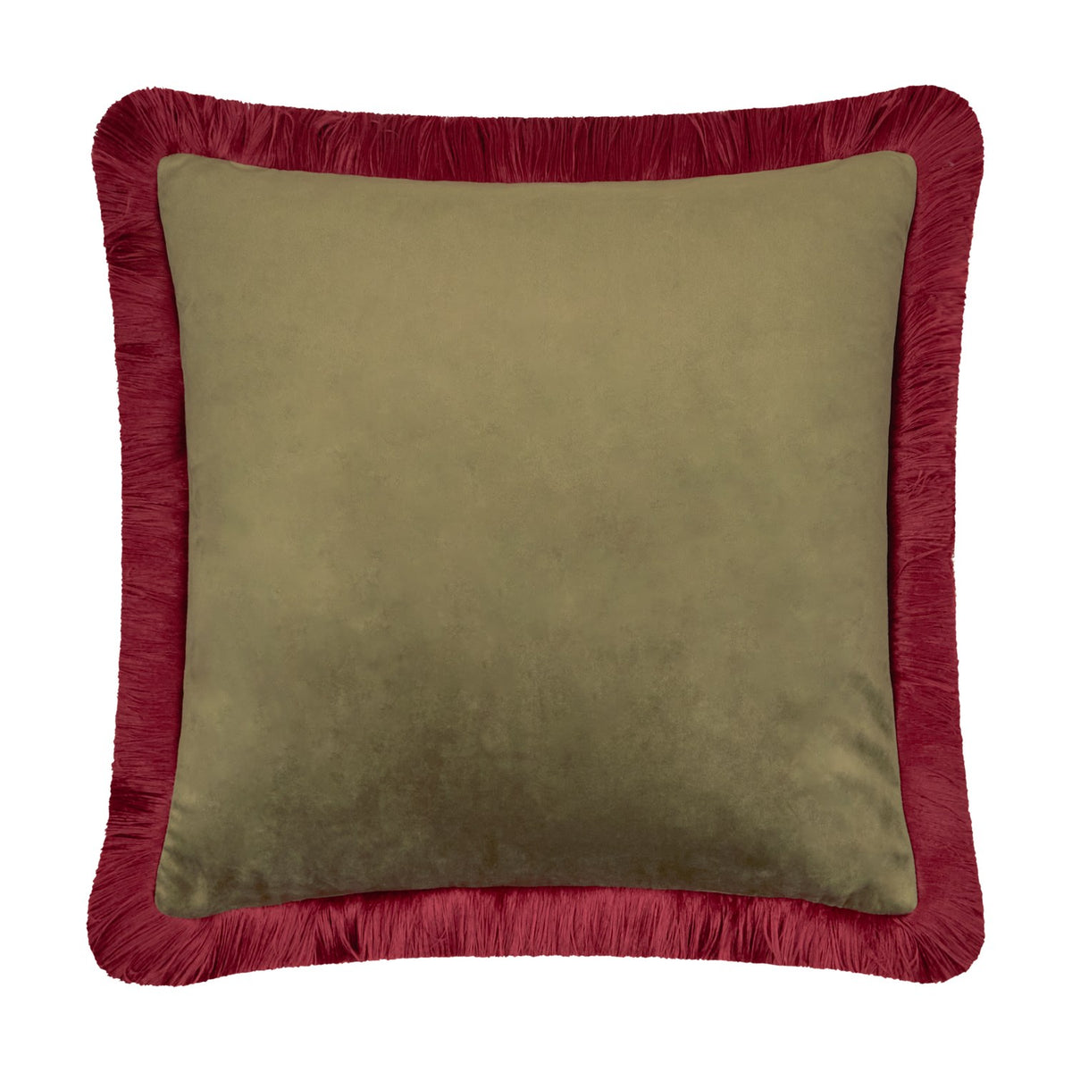 Halo Fringed Velvet Cushion in fir green with a dark red fringed trim edging all four sides, plain velvet square design shown on a white background.