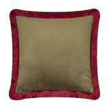 Halo Fringed Velvet Cushion in fir green with a dark red fringed trim edging all four sides, plain velvet square design shown on a white background.