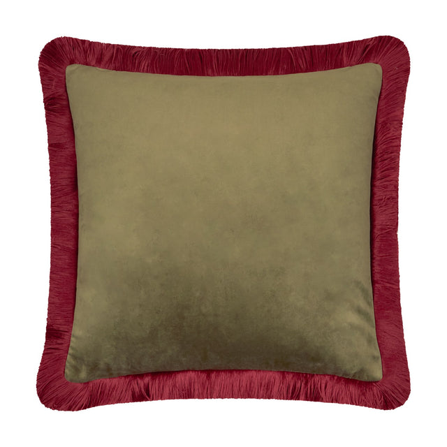 Halo Fringed Velvet Cushion in fir green with a dark red fringed trim edging all four sides, plain velvet square design shown on a white background.