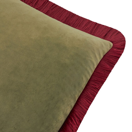 Halo Fringed Velvet Plain Polyester Cushion - Fir Green/Dark Red