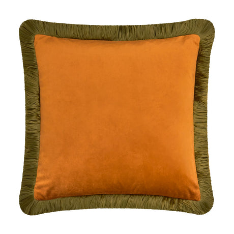 Square velvet cushion in ginger orange with a ruched olive-green fringe trim on all four edges, shown on a plain white background.