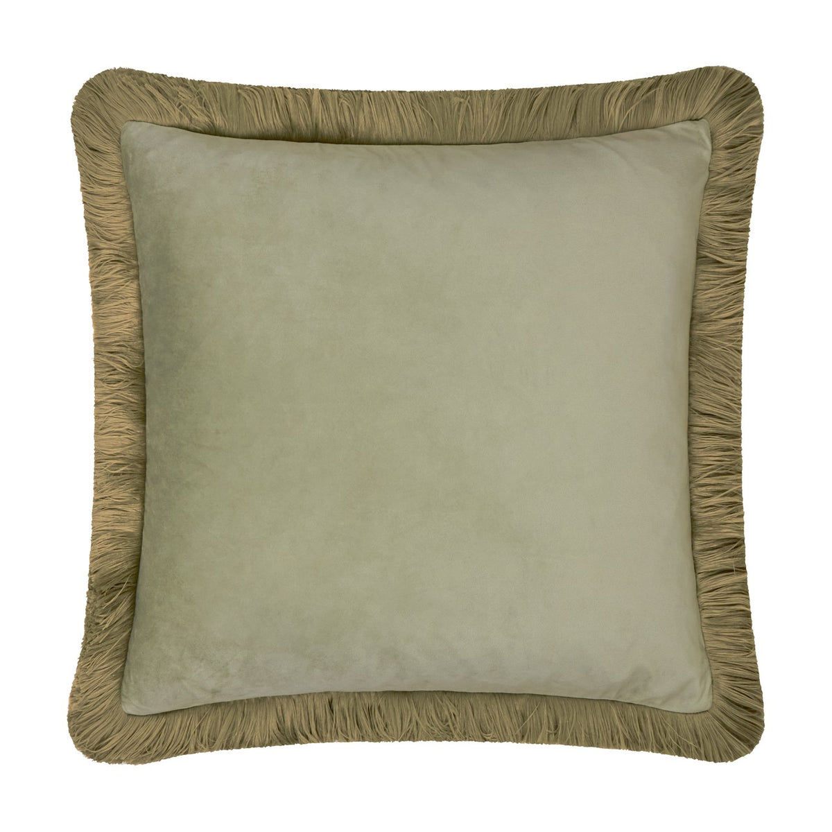 Halo Fringed Velvet Plain Polyester Cushion in Green/Sage, a square cushion with soft sage-green velvet face and khaki-gold fringed trim, shown on a plain white background.