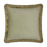 Halo Fringed Velvet Plain Polyester Cushion in Green/Sage, a square cushion with soft sage-green velvet face and khaki-gold fringed trim, shown on a plain white background.