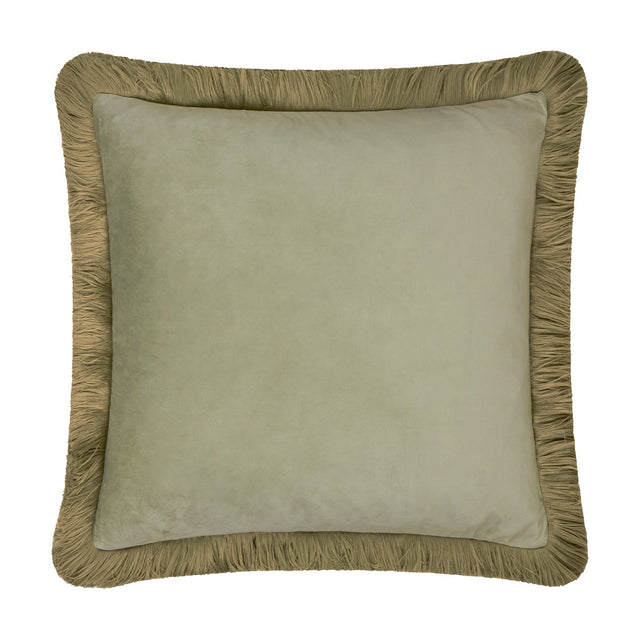 Halo Fringed Velvet Plain Polyester Cushion in Green/Sage, a square cushion with soft sage-green velvet face and khaki-gold fringed trim, shown on a plain white background.