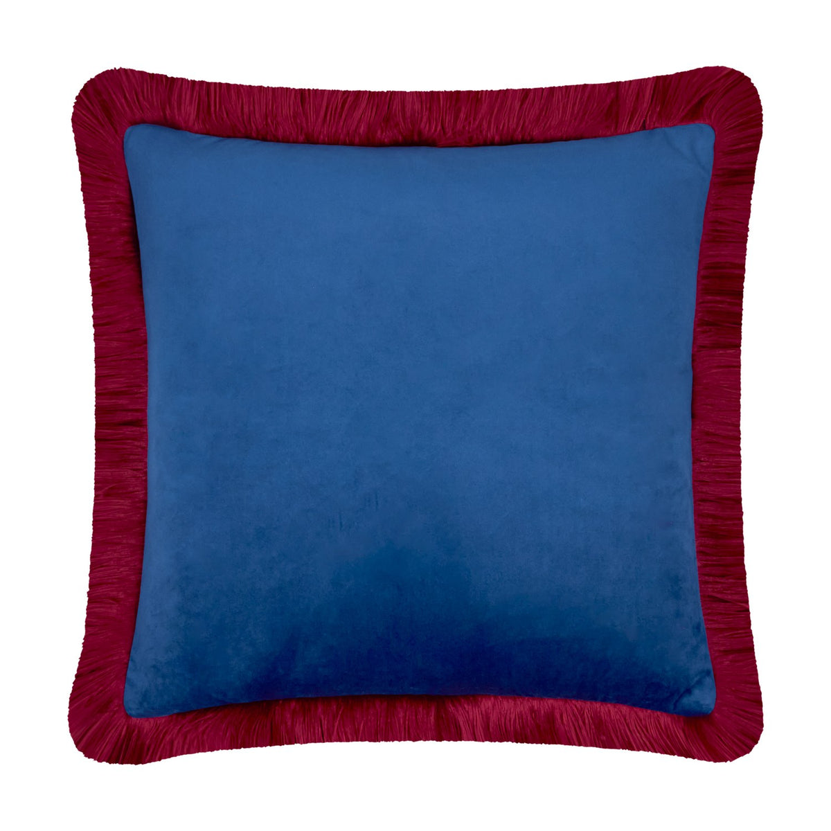 Halo Fringed Velvet Cushion in navy with a burgundy fringed trim framing all edges, square 50 x 50cm polyester velvet design shown on a plain white background.