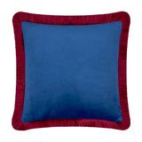 Halo Fringed Velvet Cushion in navy with a burgundy fringed trim framing all edges, square 50 x 50cm polyester velvet design shown on a plain white background.